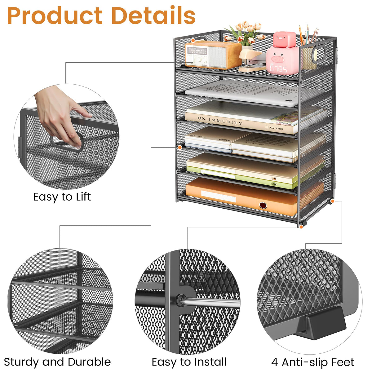 Subekyu 6-Tier Desk Paper Organizer, Desktop File Letter Tray with Handle, Document Sorter and