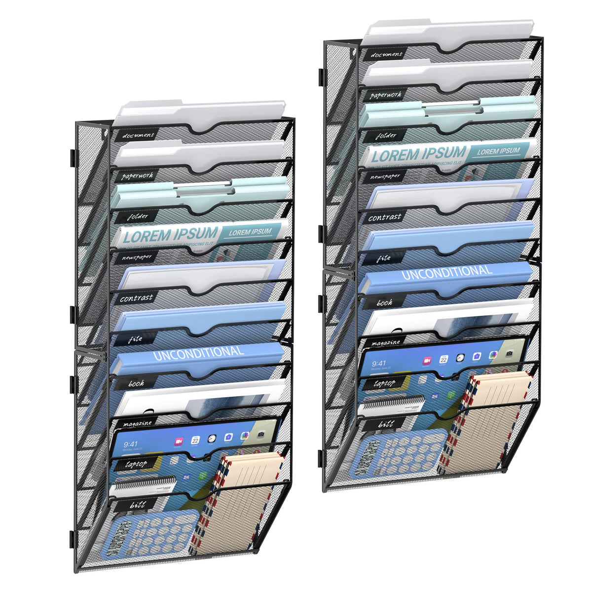 JMHUD 10-Tier Wall File Organizer and Hanging File Organizer, Black, 2Pack