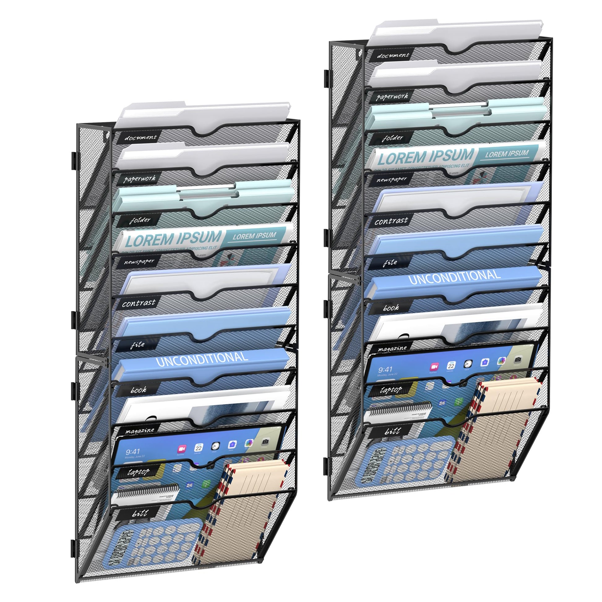 JMHUD 10-Tier Wall File Organizer and Hanging File Organizer, Black, 2Pack