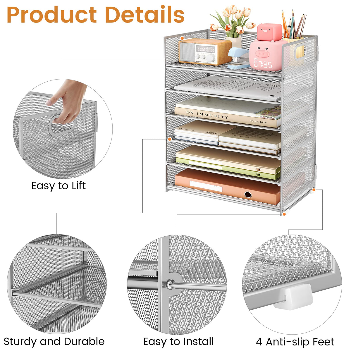 Subekyu 6 Tier Paper Organizer for Desk with Handle, Metal Mesh Desk Office File Folder Paper