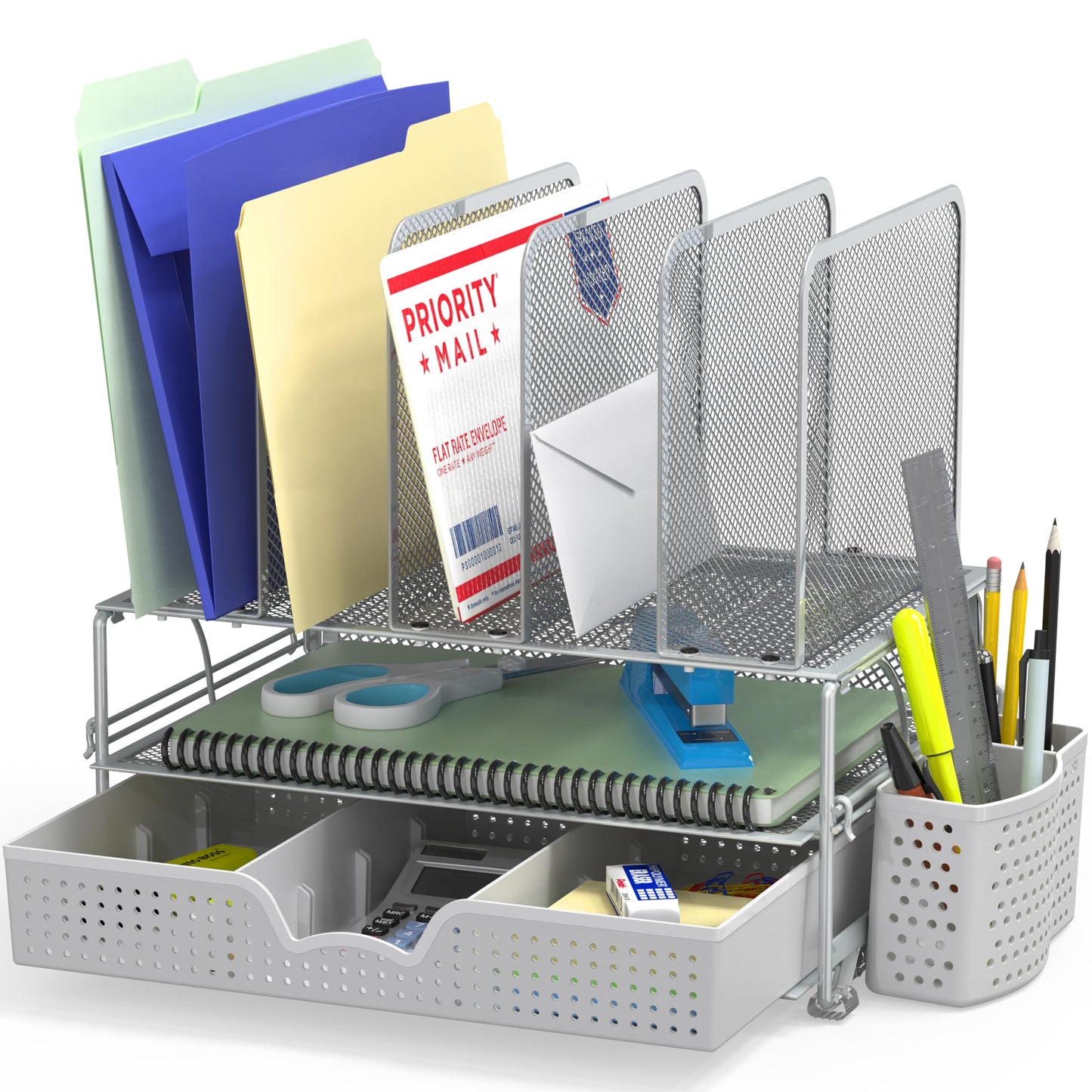 Simple Houseware Desk File Organizer for Office Supplies w/Drawer, Silver