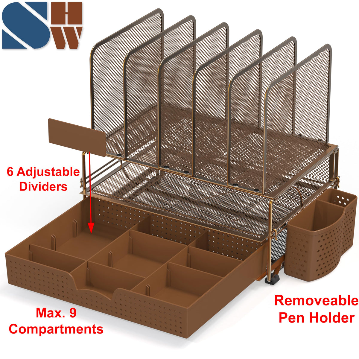 Simple Houseware Desk File Organizer for Office Supplies w/Drawer, Copper