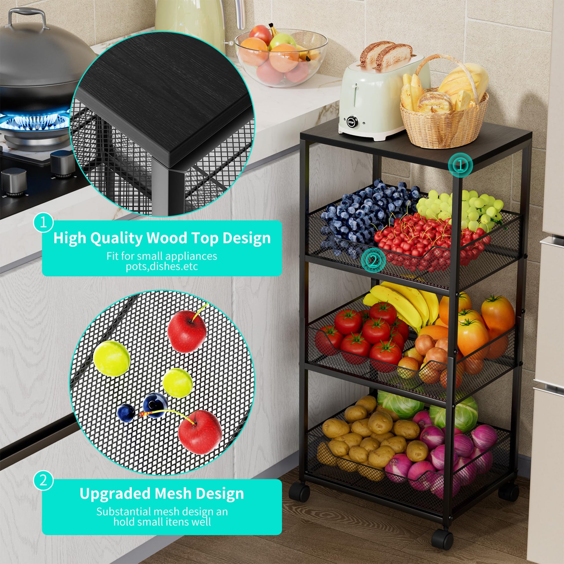 HapiRm Fruit Basket Kitchen Cart - 4-Tier Rolling Storage Cart with Wheels, Fruit Vegetable Basket