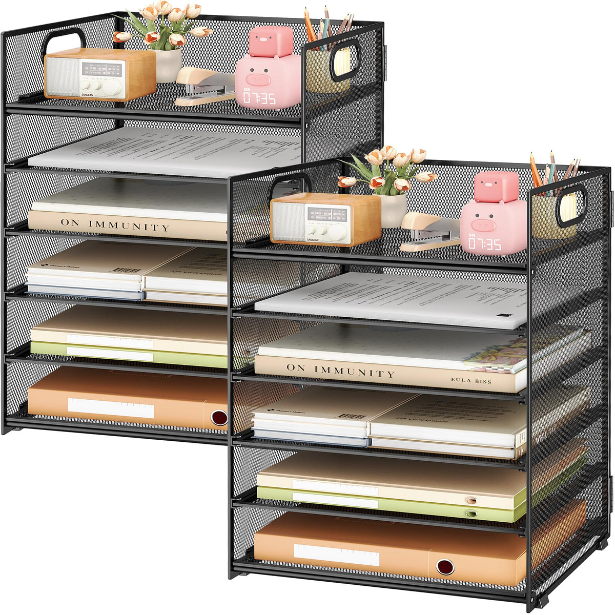 Subekyu 2-Pack 6-Tier Paper Tray Organizer for Desk - Black Mesh File Folder Sorter with Handles