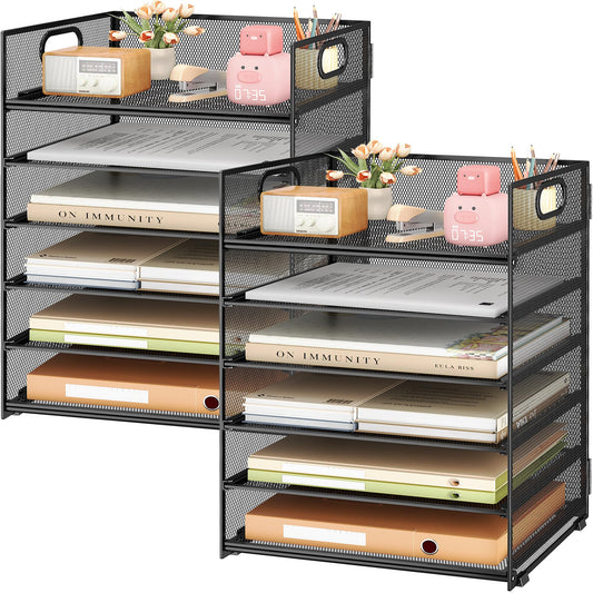 Subekyu 2-Pack 6-Tier Paper Tray Organizer for Desk - Black Mesh File Folder Sorter with Handles