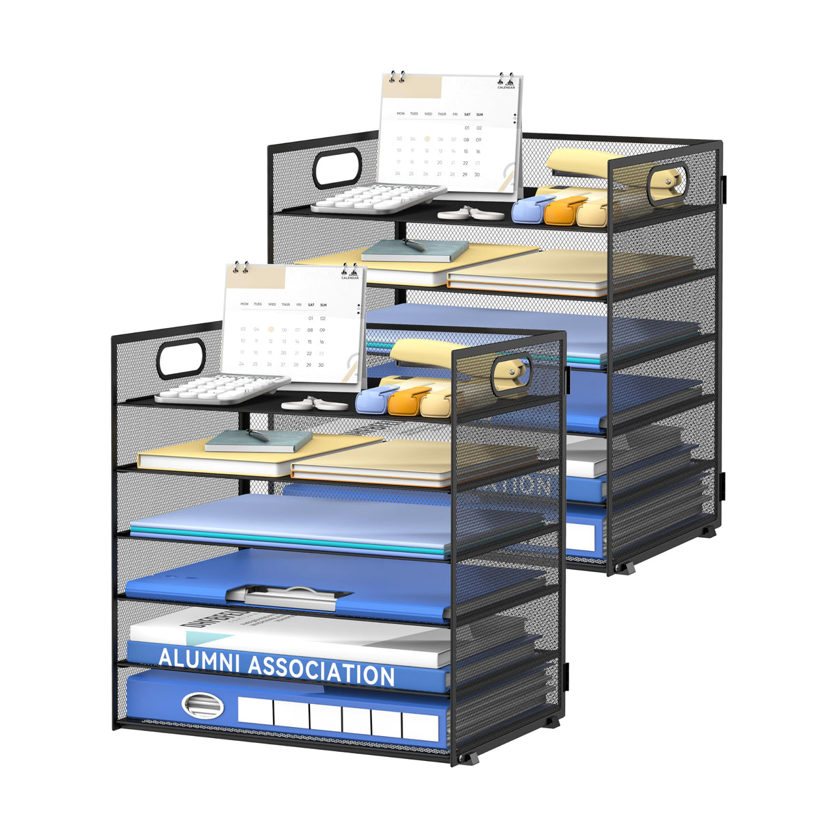 Daltack 6-Tier Paper Organizer for Desk with Handle, Black, 2 Pack