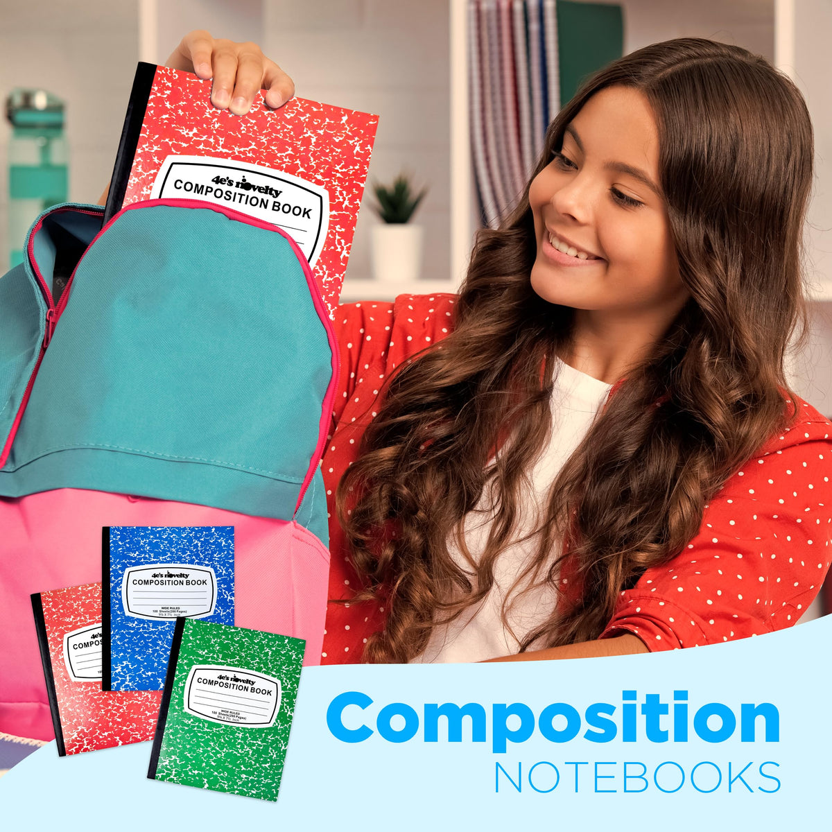 4E's Novelty Wide Ruled Composition Notebooks - Pack of 3-100 Sheets 9.75" x 7.5" - Hard Cover Red