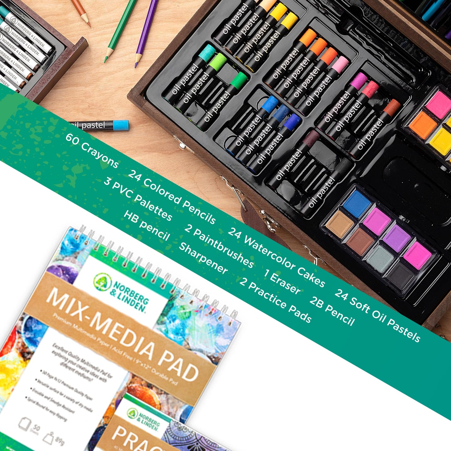 Norberg & Linden 144-Piece Art Set in Wooden Box with Drawer - Art Set for Adults, Teens, Kids
