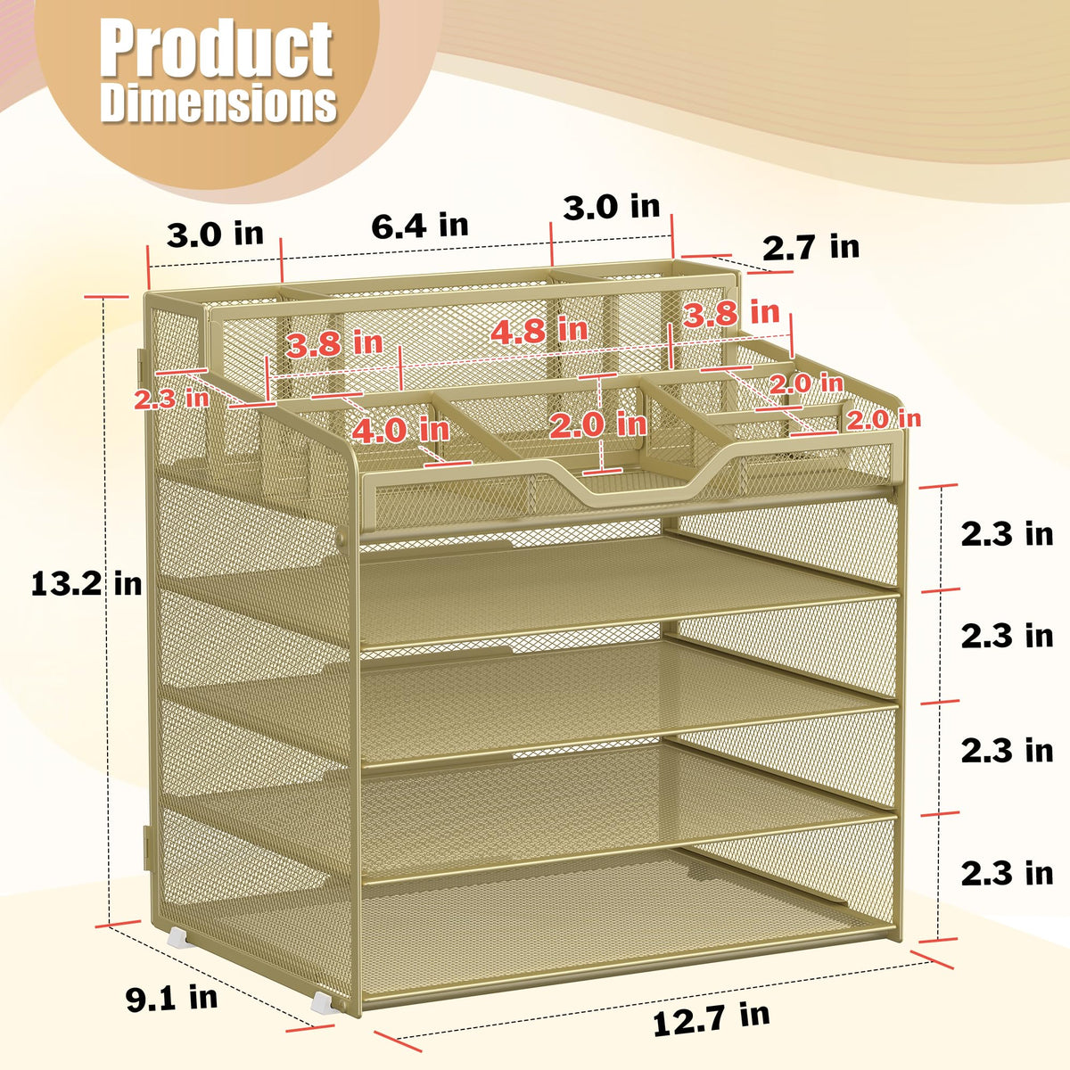 Docnest 5 Tier Mesh Desk Organizer with Letter Tray & Paper Sorter, Gold