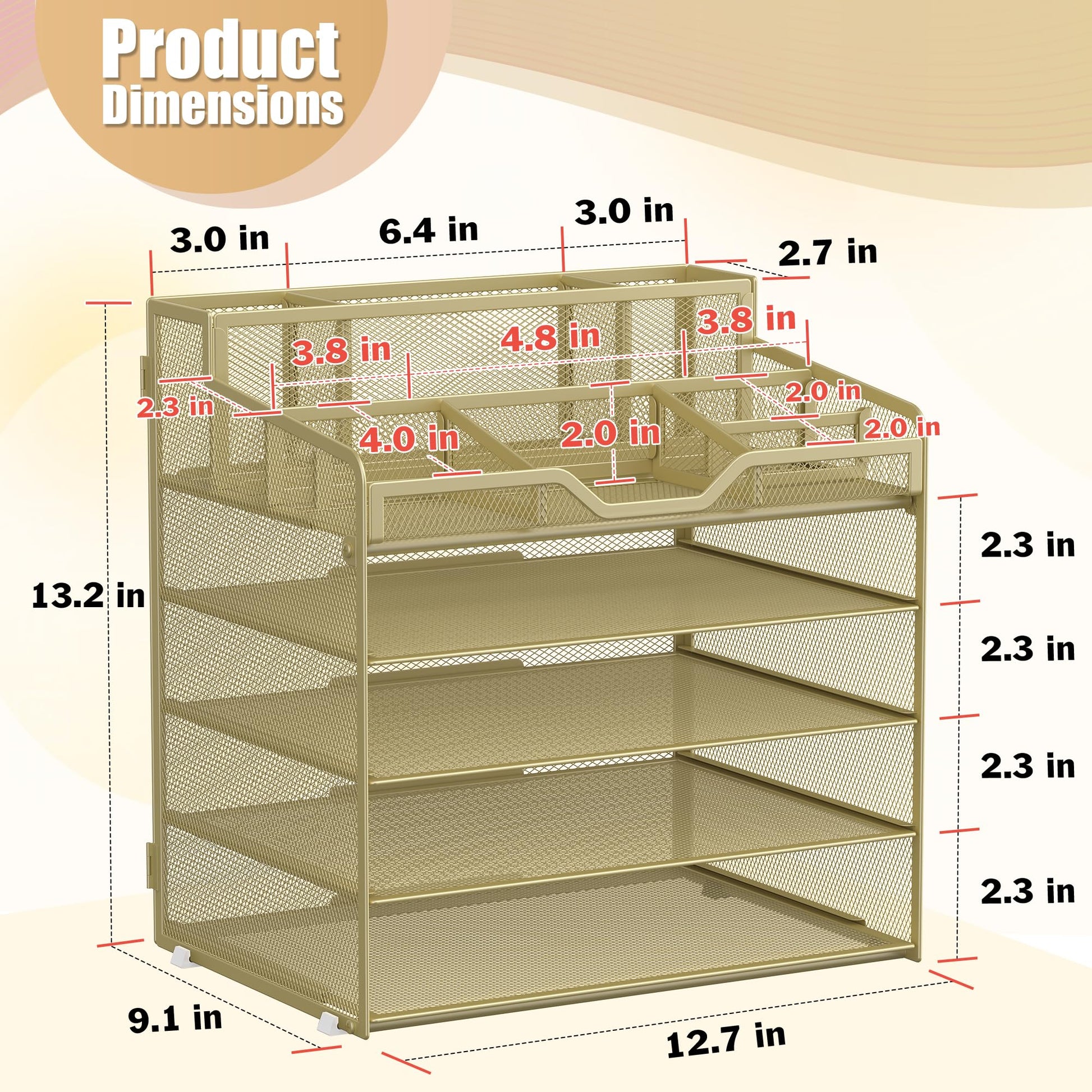 Docnest 5 Tier Mesh Desk Organizer with Letter Tray & Paper Sorter, Gold