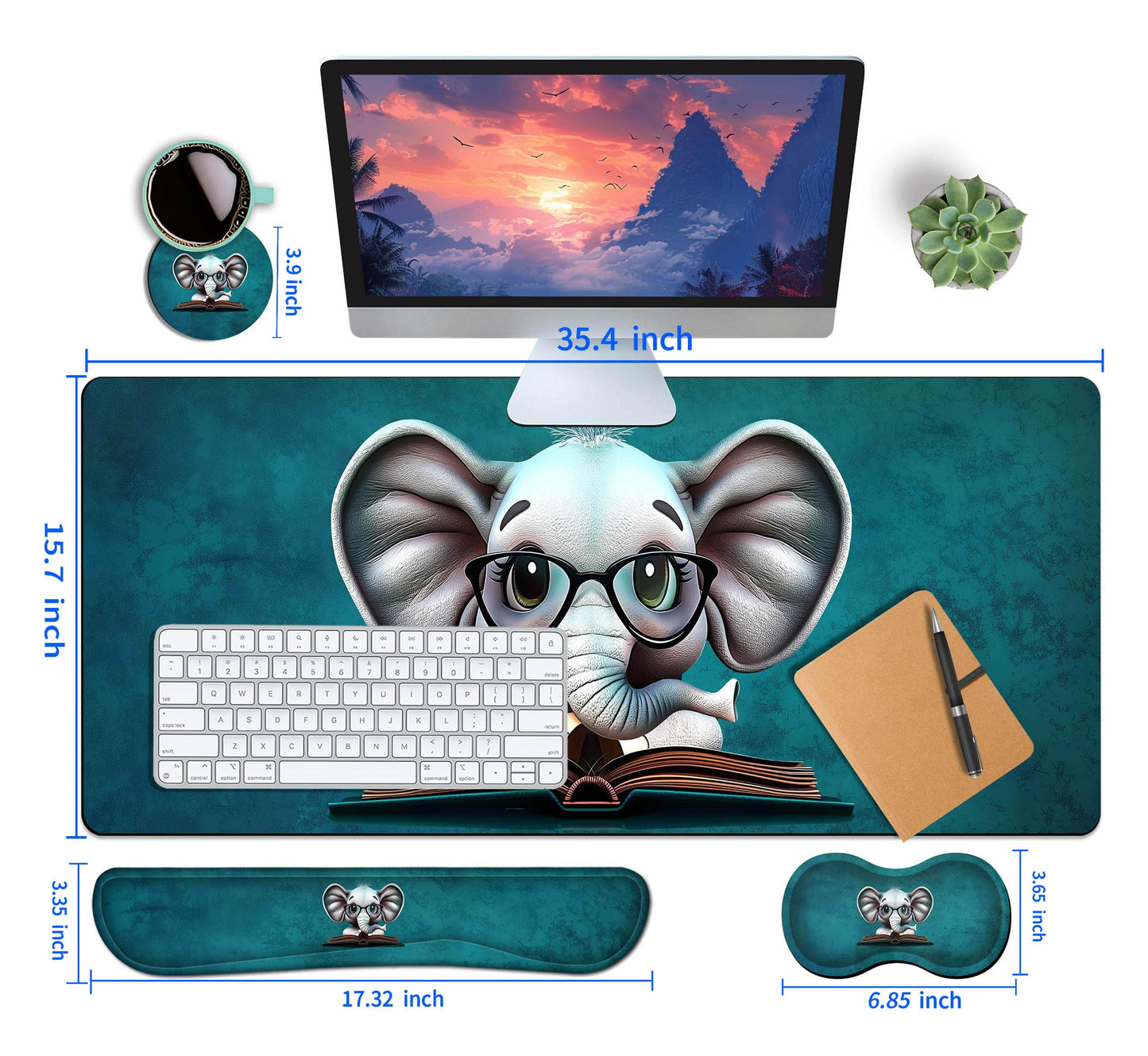 HaoSiTeck 4-Piece Extended Large Mouse Pad Set for Women Men with Elephant Design Includes 35.4 x