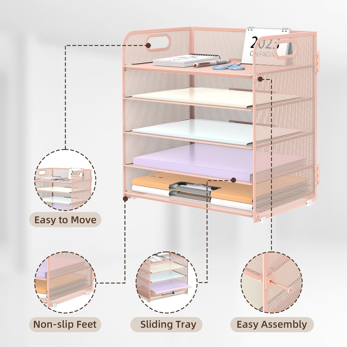 2 Pack 5-Tier Pink Desk Organizer with Handle Mesh Desk File/Paper Organizer Letter Tray for