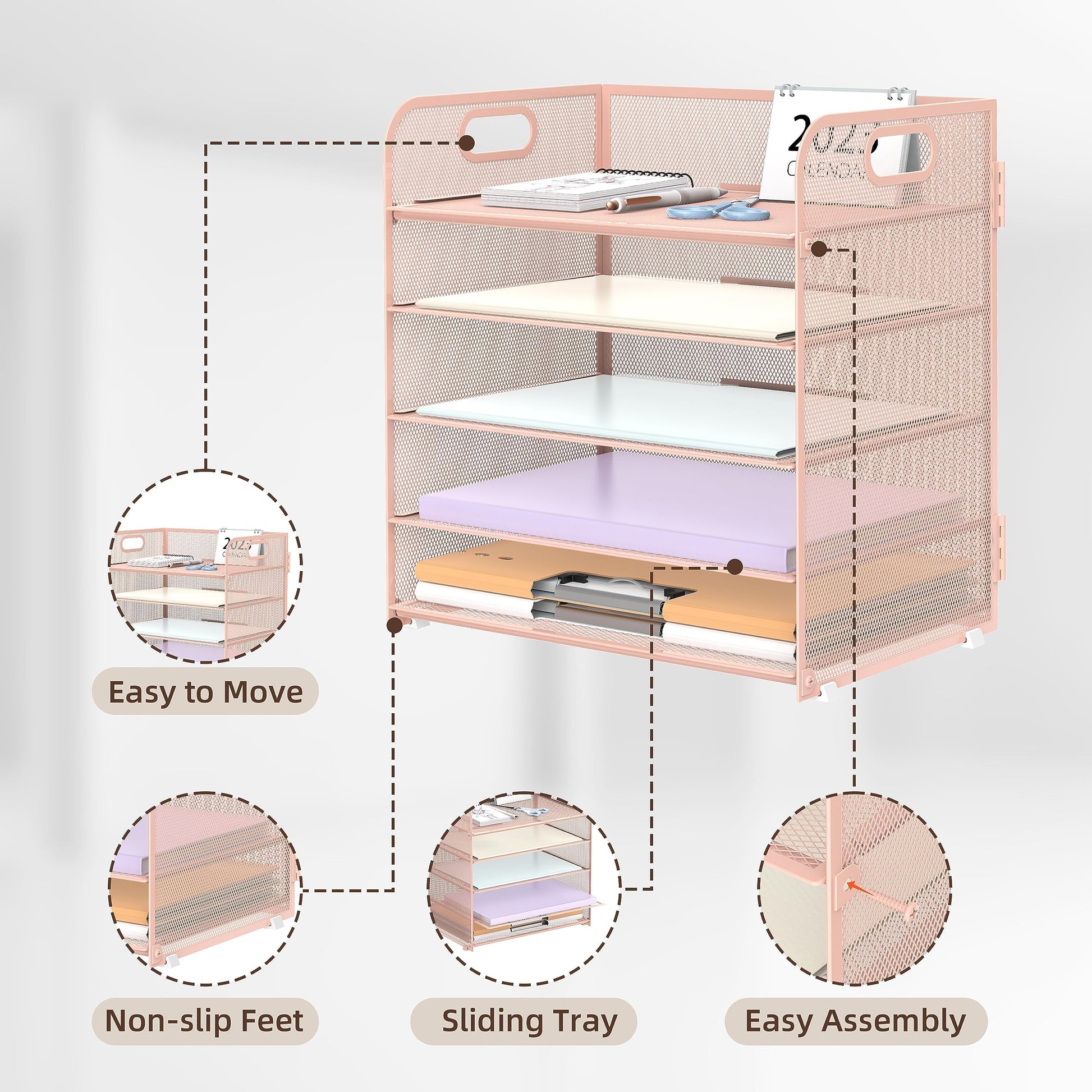2 Pack 5-Tier Pink Desk Organizer with Handle Mesh Desk File/Paper Organizer Letter Tray for