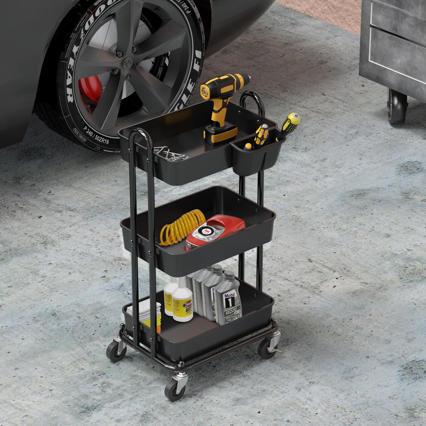 Simple Houseware 3-Tier Rolling Utility Cart with Hanging Bucket, Black
