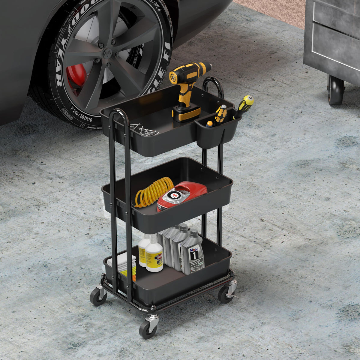Simple Houseware 3-Tier Rolling Utility Cart with Hanging Bucket, Black