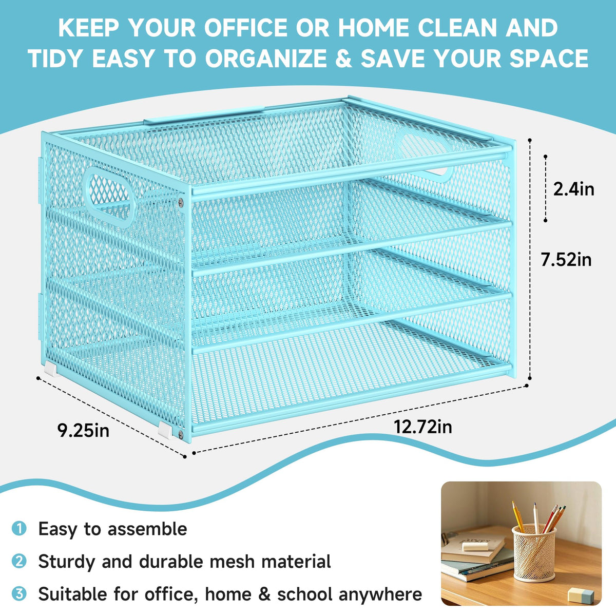 4 Tier Paper Organizer with Handle,Letter Tray Blue Desk Organizer Set