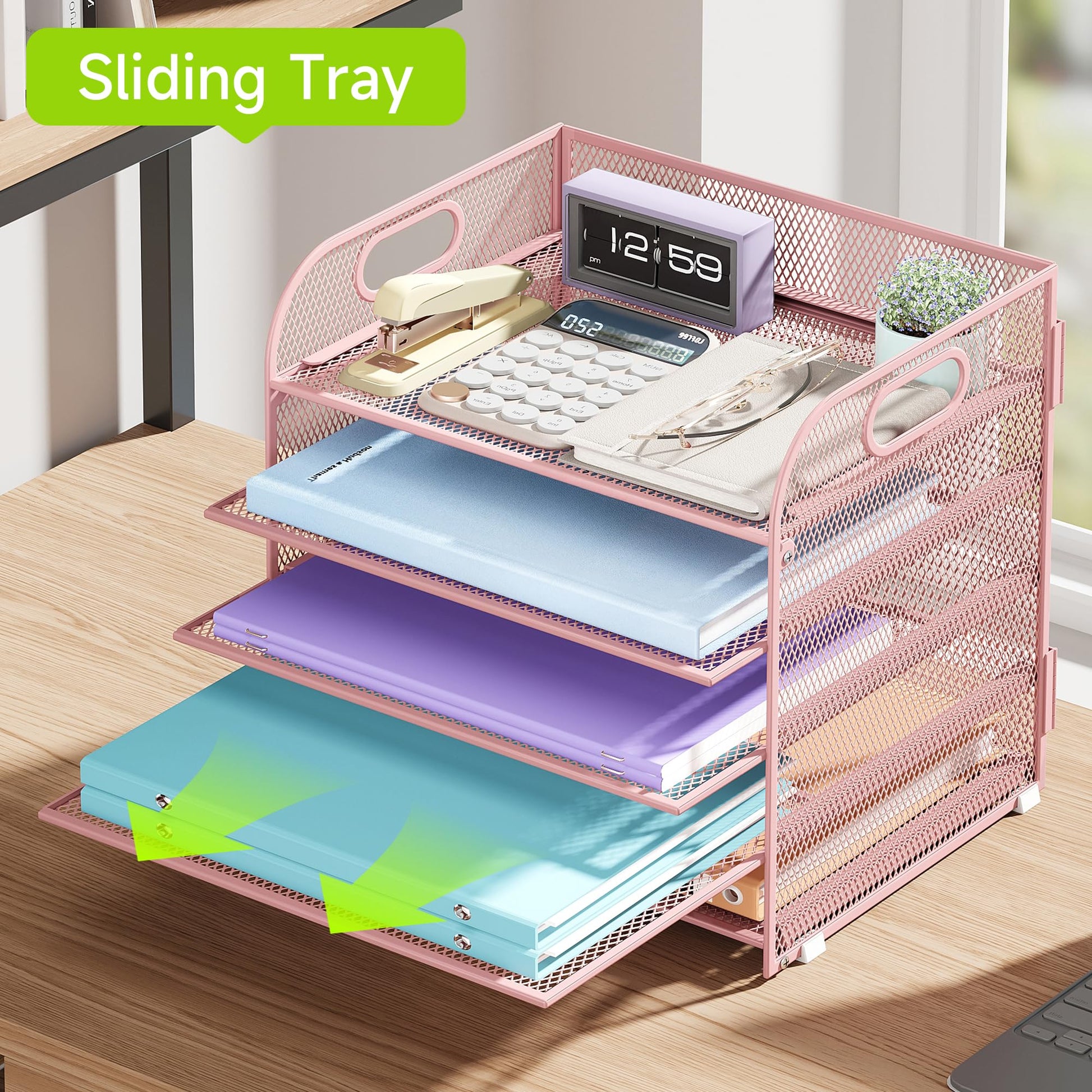 Cawukege 2 Pack 5 Tier Paper Organizer, Letter Tray with Handle, Mesh Desk Organizer, Metal File