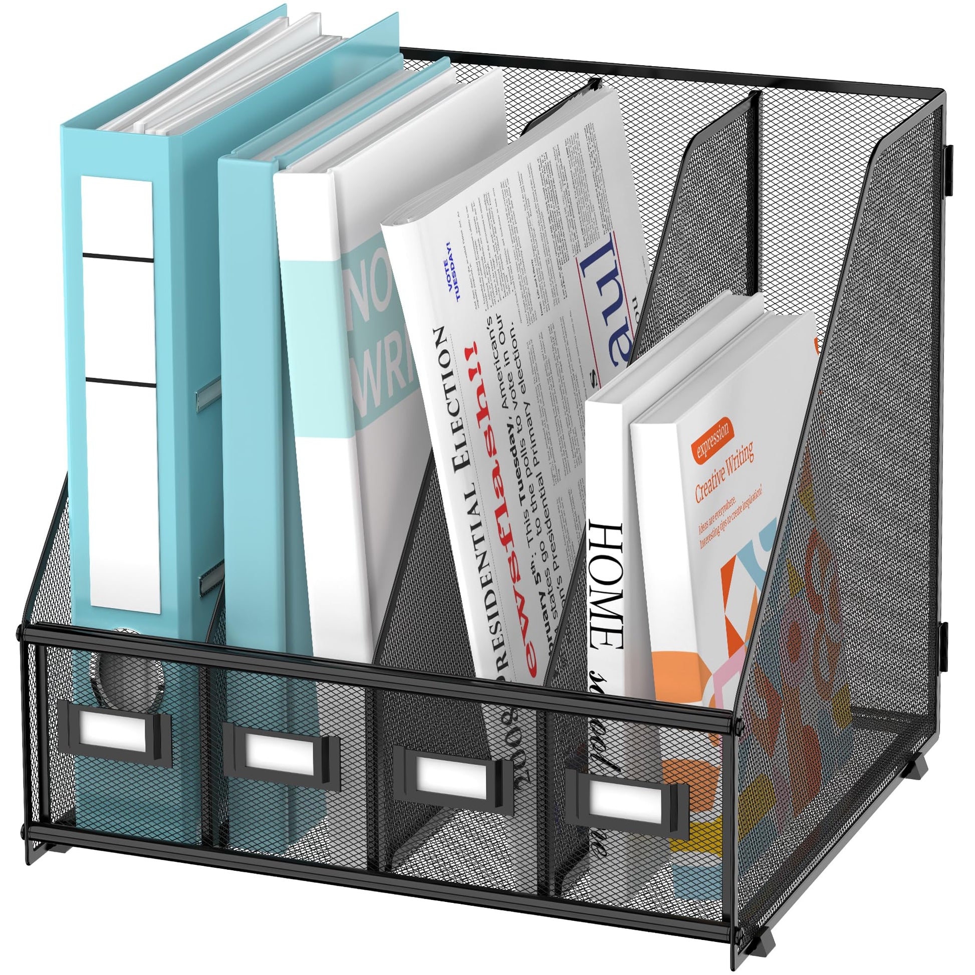4-Compartment Magazine File Holder and File Organizer for Desk, Black