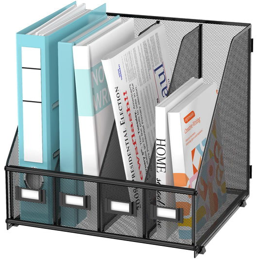 4-Compartment Magazine File Holder and File Organizer for Desk, Black