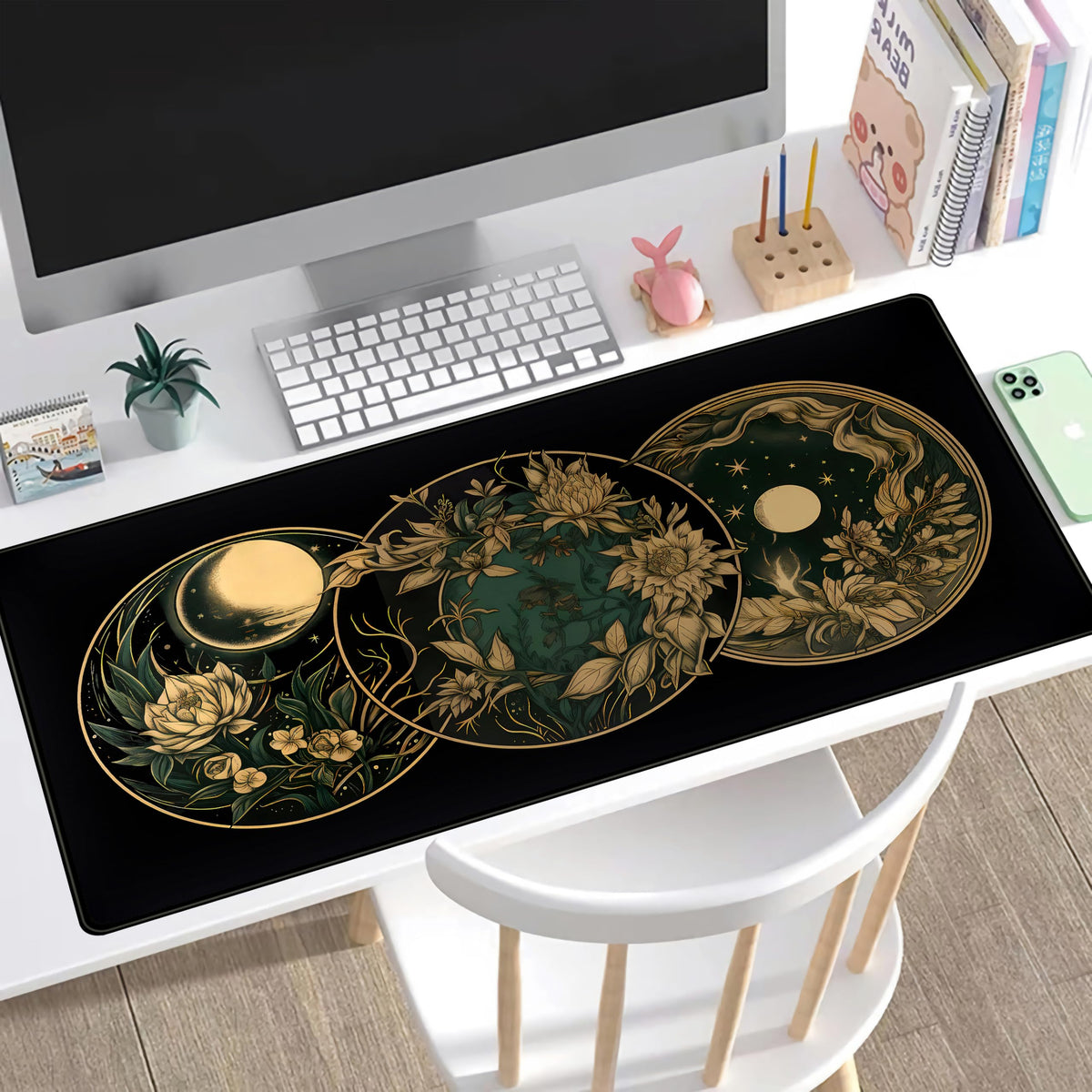 Aesthetic Celestial Desk Mat Vintage Flowers Desk Pad Large Mouse Pad Gaming Mousepad Extended XXL