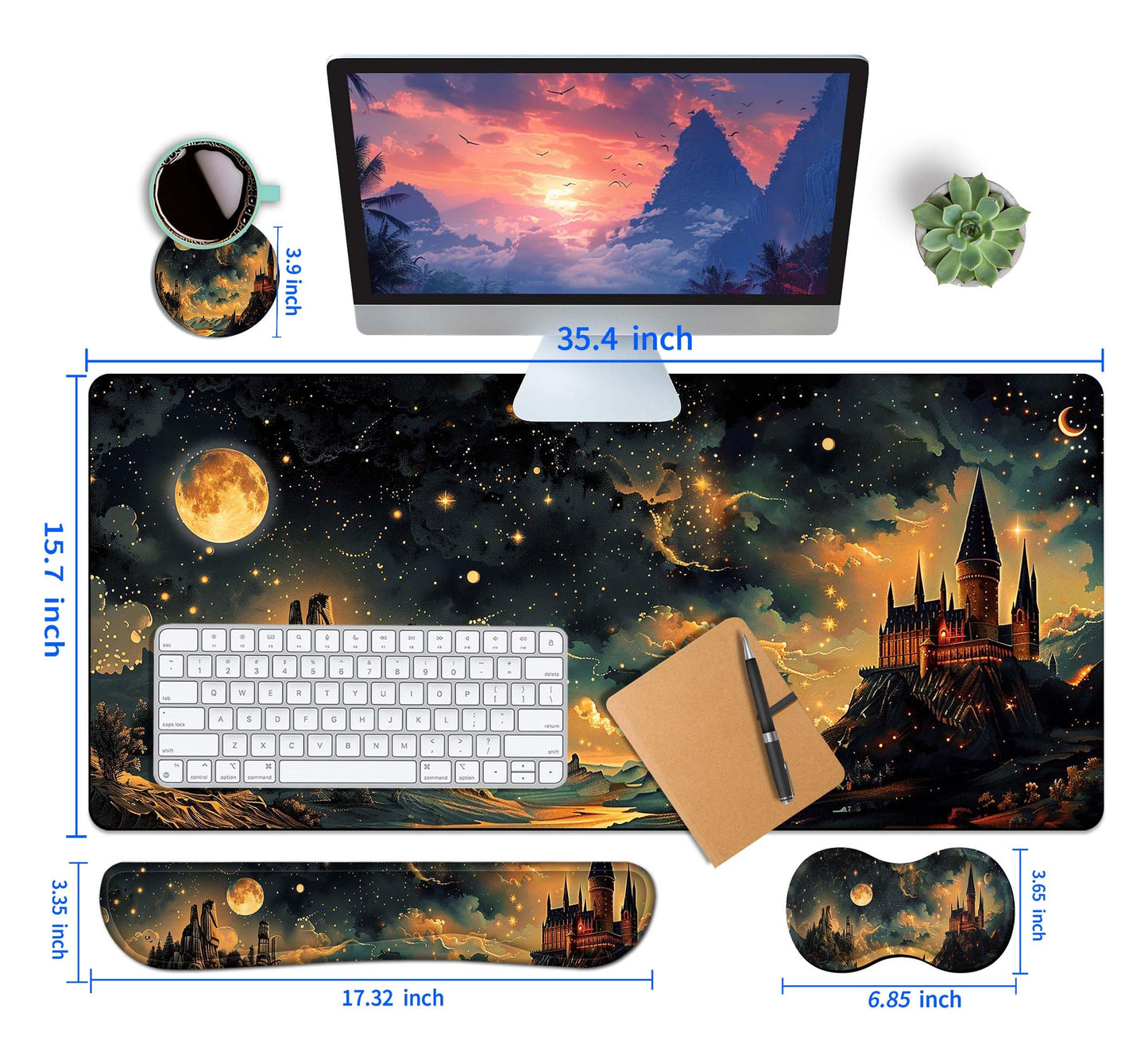 HaoSiTeck 4-Piece Extended Large Mouse Pad Set for Women Men with Castle Night Design Includes 35.4