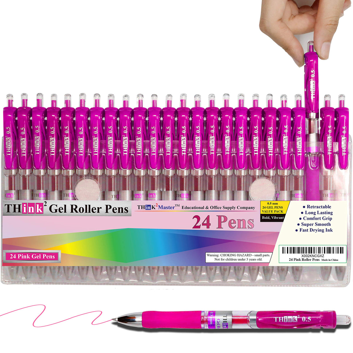 [24 Pens - Pink Ink] Think2 Retractable Gel Pens. (24 Pink) Fine Point (0.5mm) Rollerball Pens with