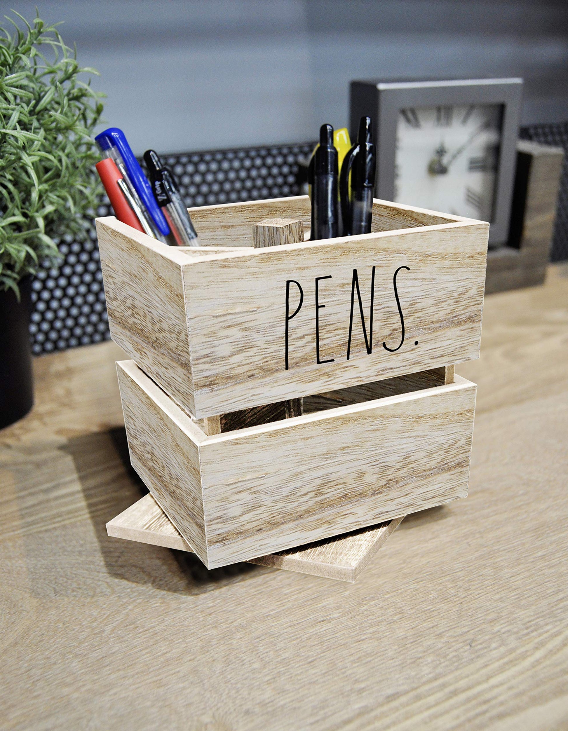 Rae Dunn Pencil Cup - Wooden Pen Holder Desktop Organizer - Small Rustic Wood Desk Top Caddy for
