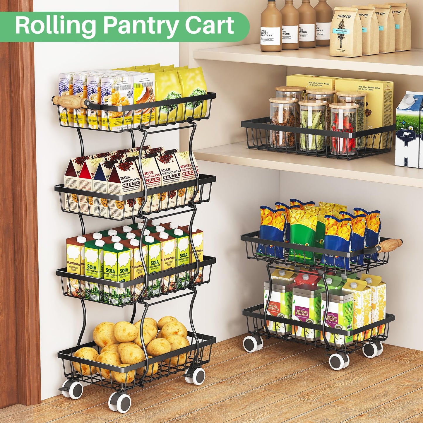 SAYZH 4-Tier Fruit Basket Stand with Vegetable Baskets for Kitchen, Black