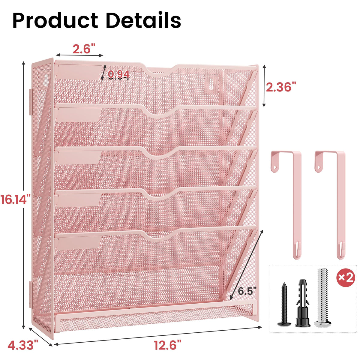 Kinkota Pink Desk Organizer, Hanging Wall File Organizer with 6 Tiers