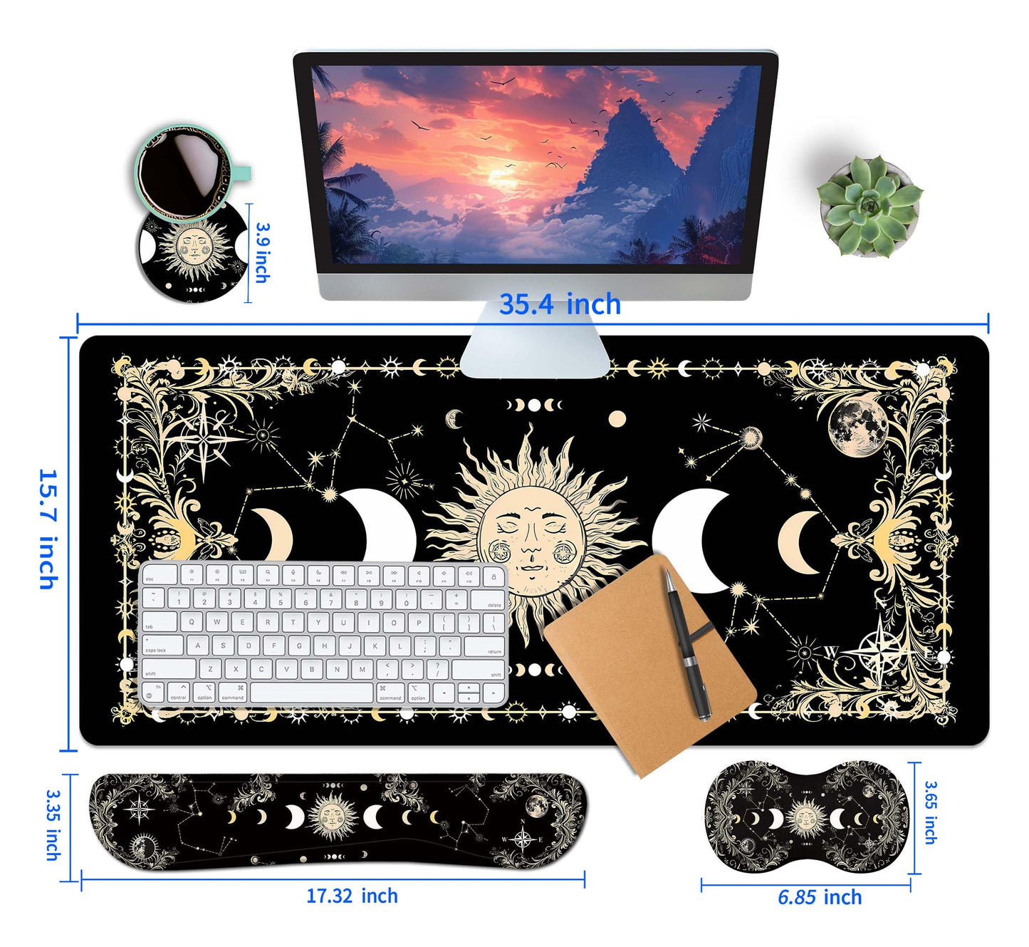 HaoSiTeck 4-Piece Extended Large Mouse Pad Set for Women Men with Moon Face Design Includes 35.4 x