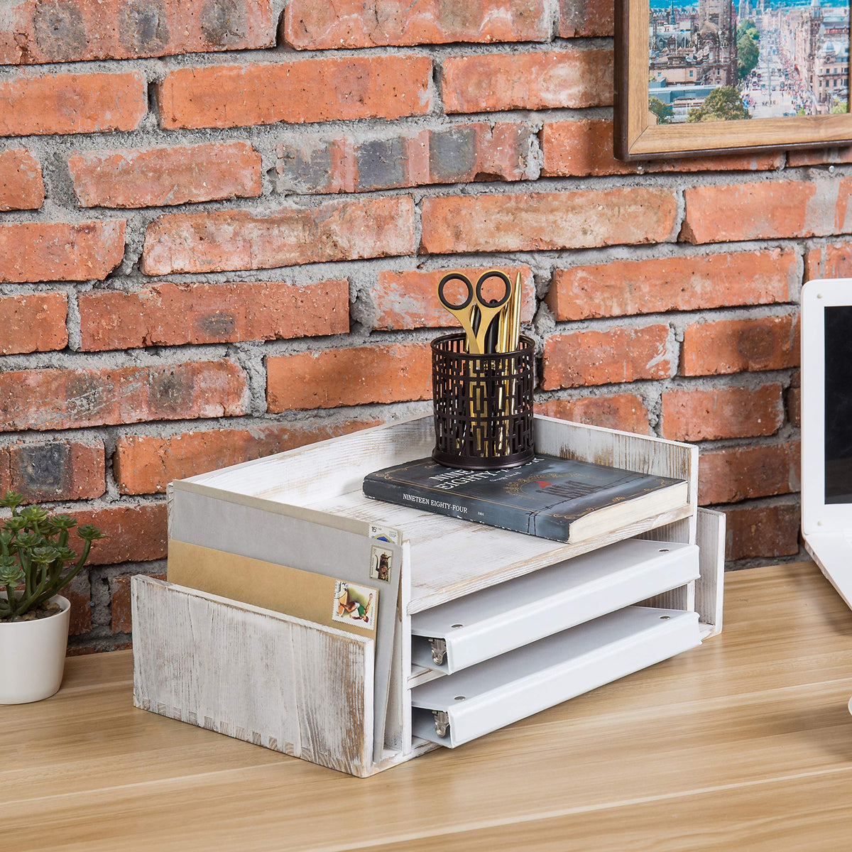 MyGift 3-Tier Desk Organizer & File Tray, Wood Letter Holder for Office, Farmhouse White Wood