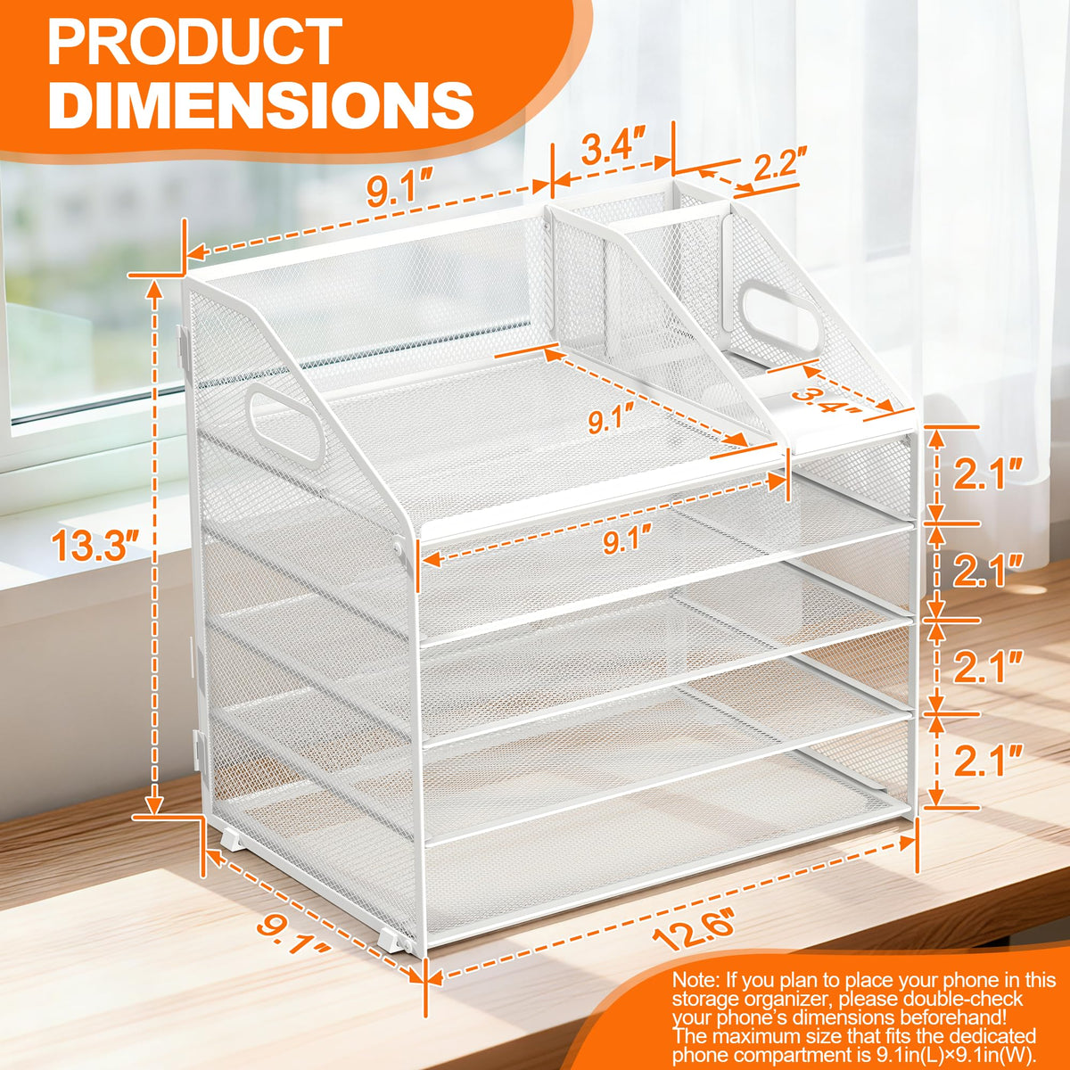 DocNest 5 Tier Metal Mesh Desk File Organizer with Phone Shelf, White