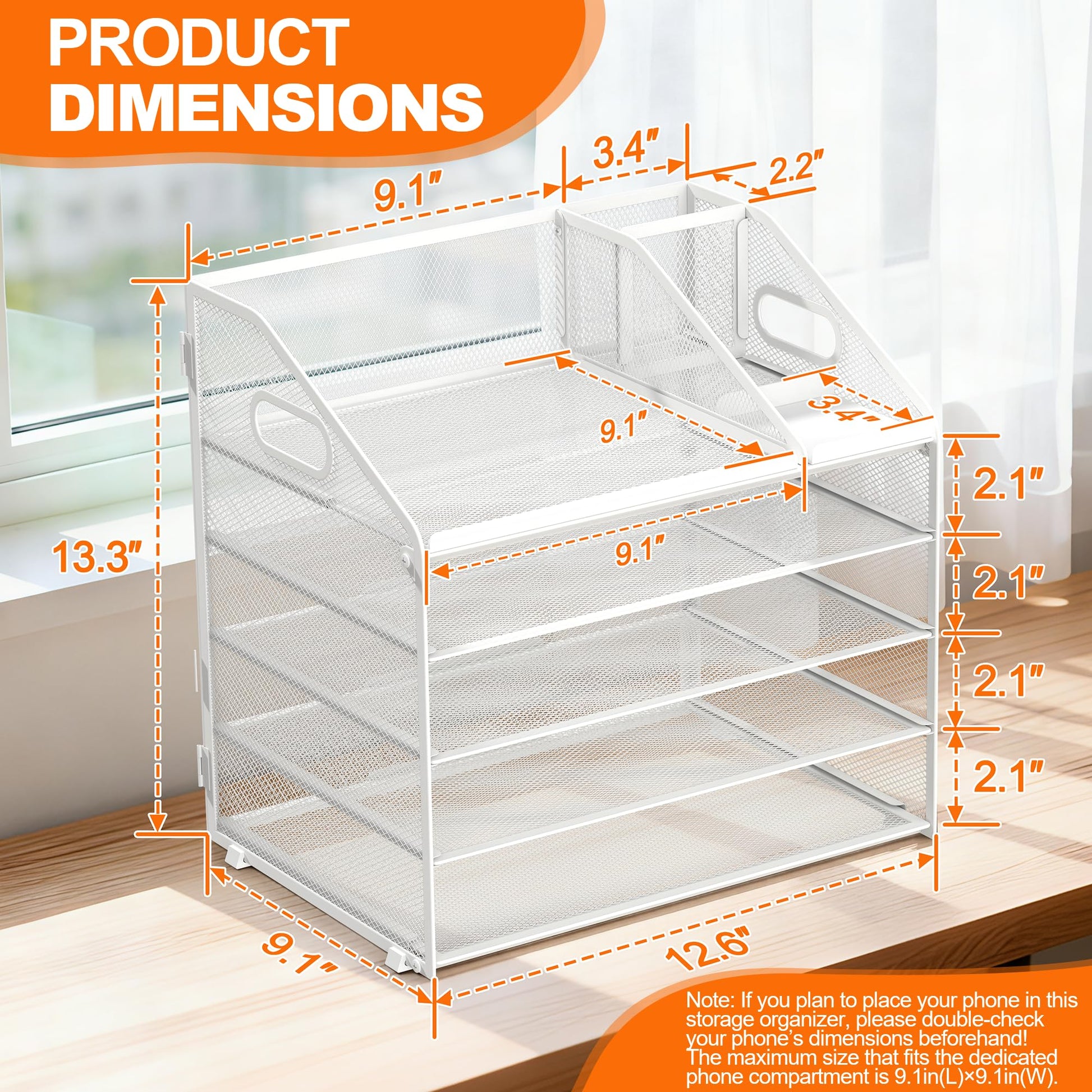 DocNest 5 Tier Metal Mesh Desk File Organizer with Phone Shelf, White