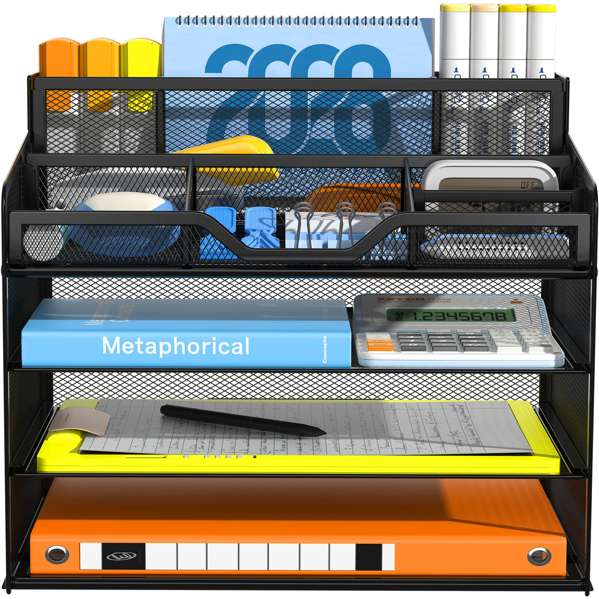 Docnest 4 Tier Mesh Desk Organizer with Letter Tray & Paper Sorter, Black