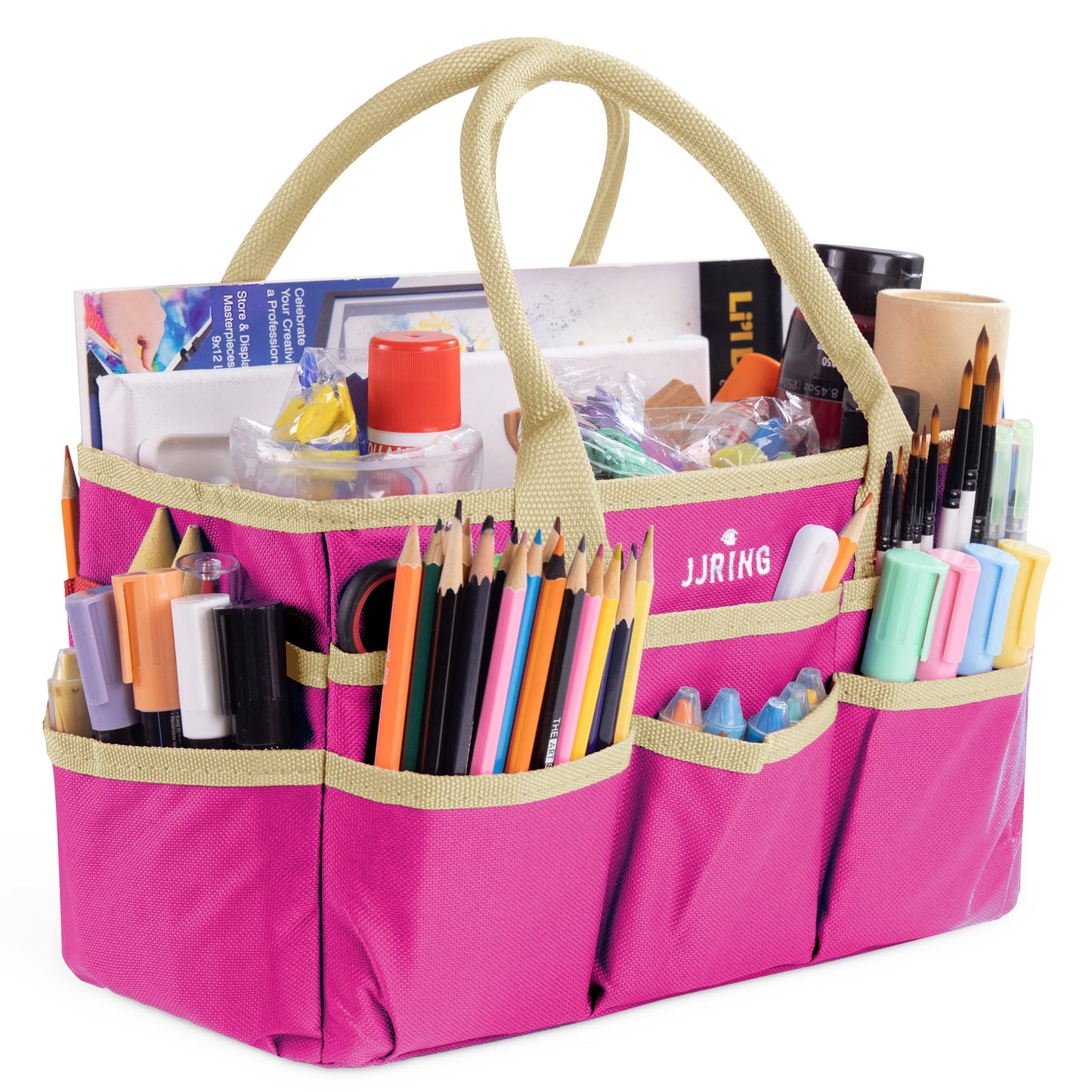 JJRING 600D Nylon Craft & Art Organizer Tote Bag With Pockets, Rose Red