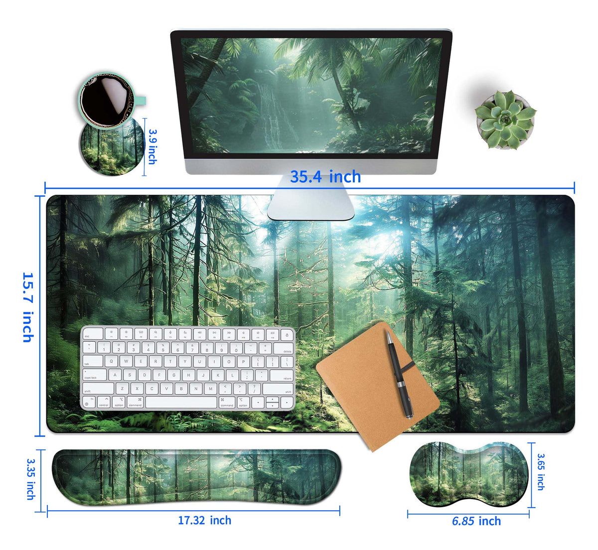 HaoSiTeck 4-Piece Extended Large Mouse Pad Set for Women Men with Green Forest Design Includes 35.4