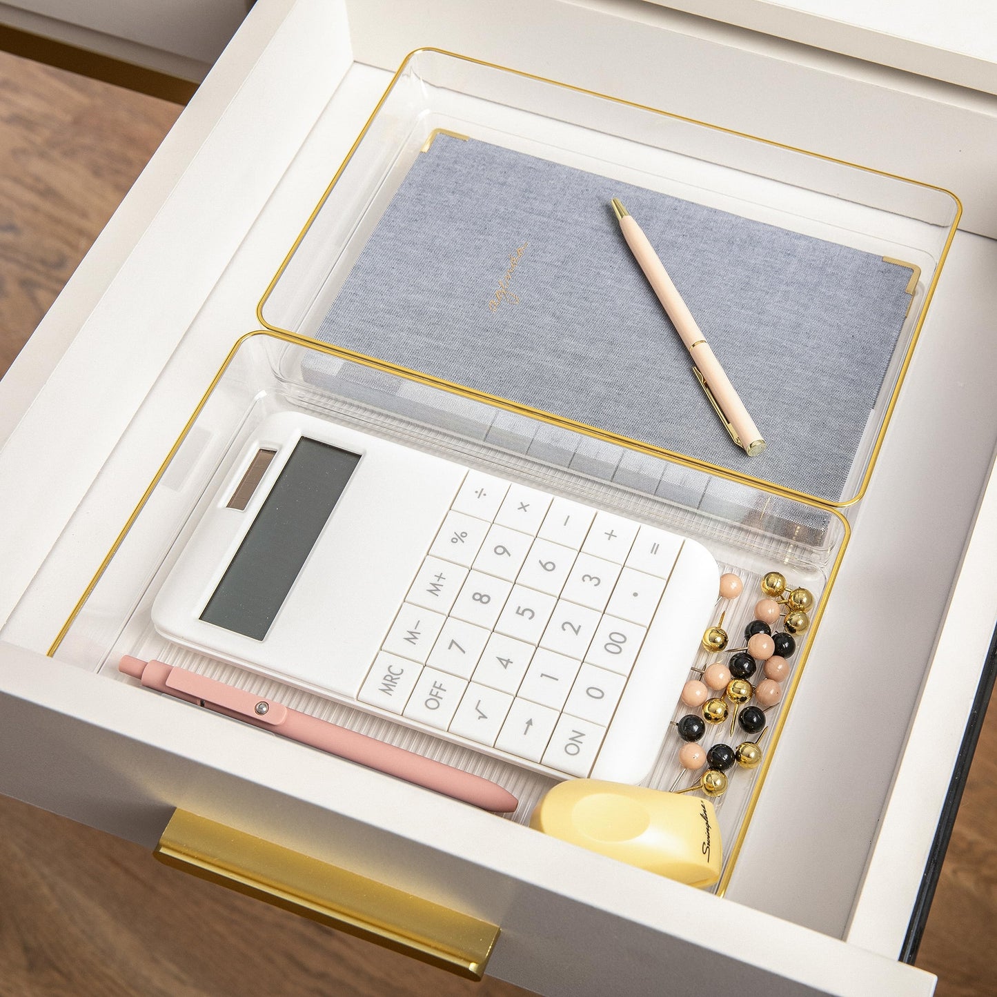 Martha Stewart Kerry Stackable Desk Drawer Organizers, Clear/Gold, 3-Pack