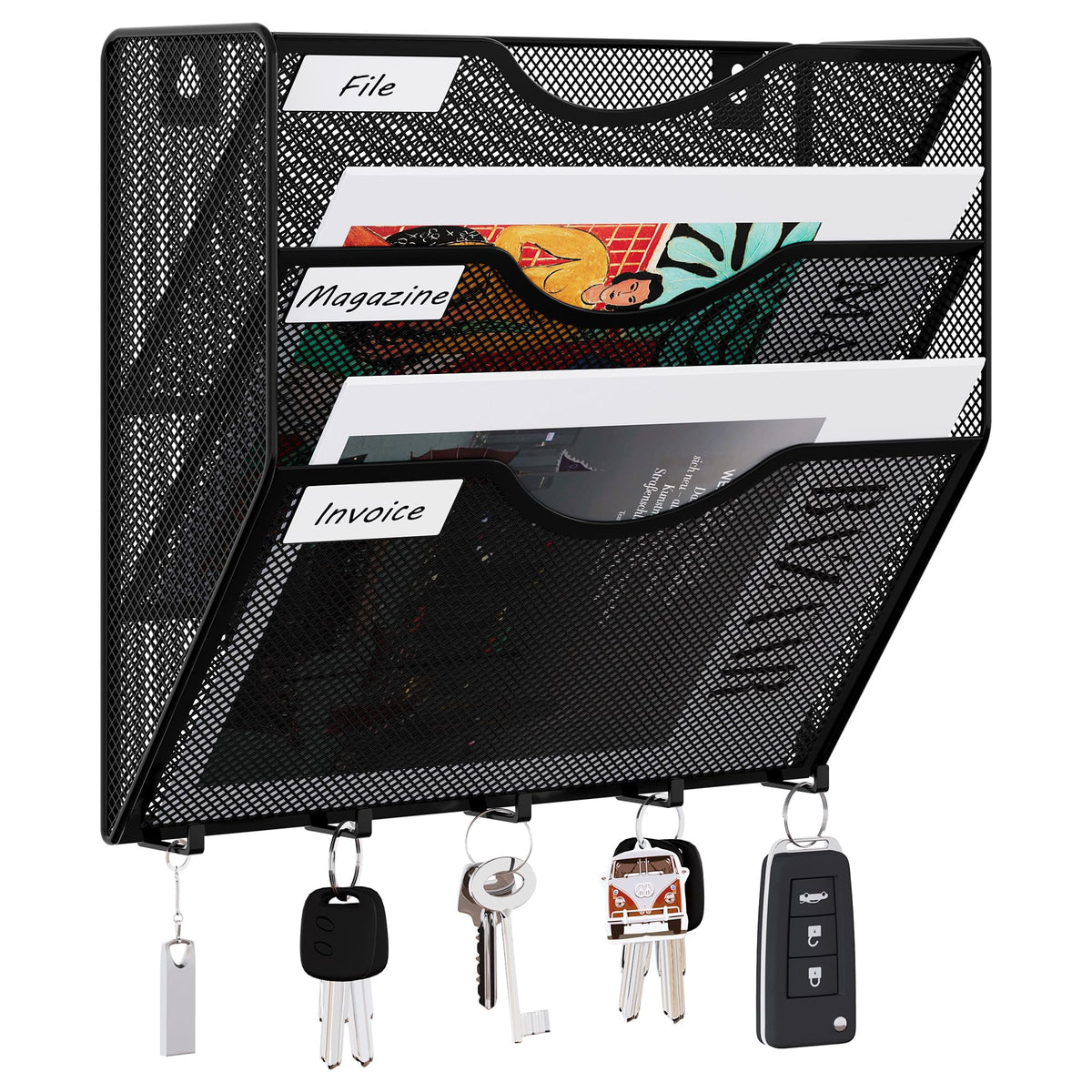 EasyPAG 3 Pocket Mesh Wall File Organizer with Key Hooks, Hanging Paper Folder Holder with Classify