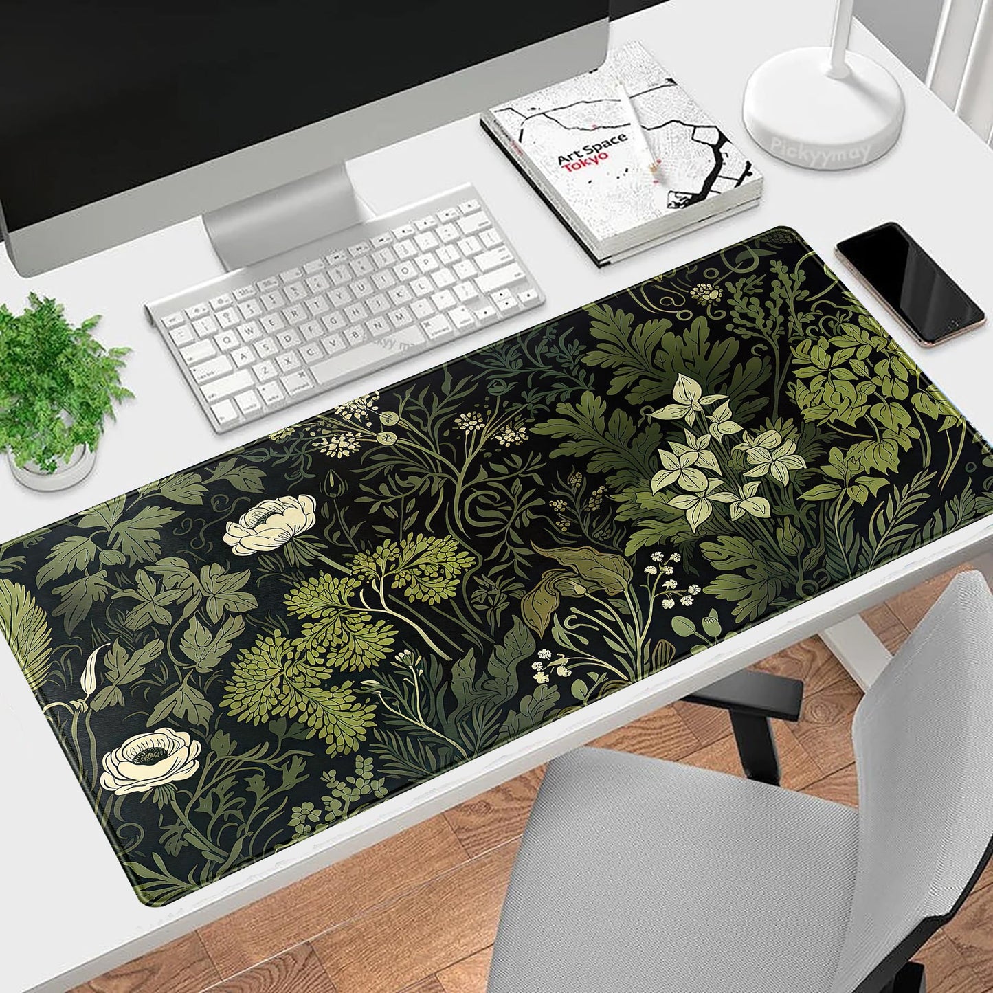 Green Leaves Beige Plants Pad, Large Extend Mouse Pad XXL, Freshness Foliage Keyboard Mat, Black