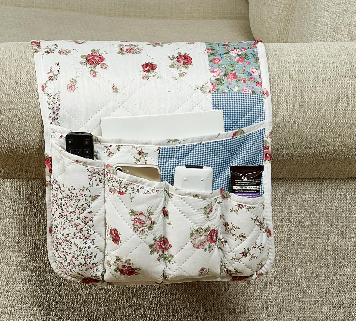 Brilliant Sunshine Pink Rose & Blue Check Couch Armrest Cover, 35"×13"