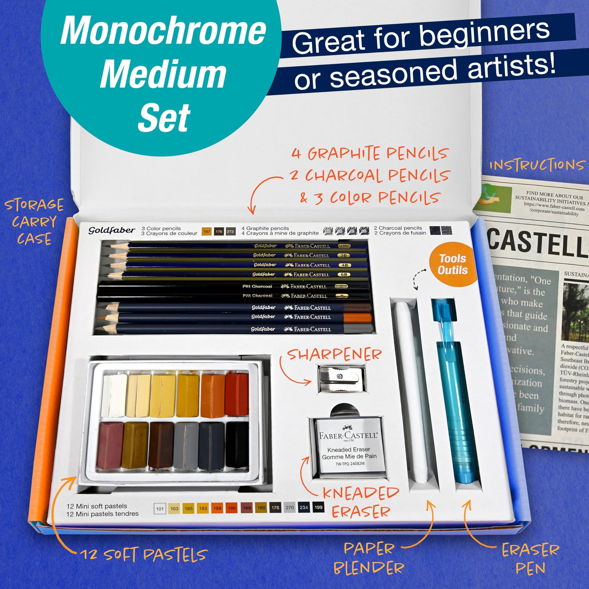 Faber-Castell Try It Box: Monochrome, 27 Piece Drawing Art Kit featuring Colored Pencils, Graphite