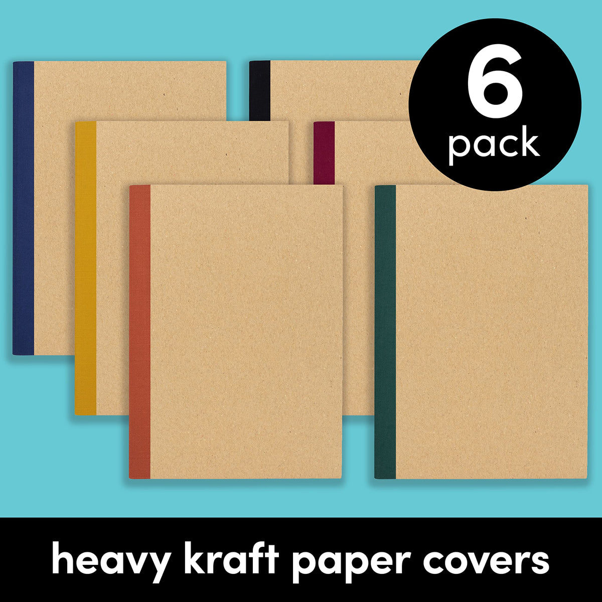 PAPERAGE 6-Pack Composition Notebook Journals, 120 Pages, Kraft Cover with Jewel Tone Spines