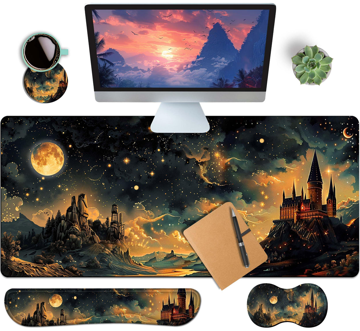 HaoSiTeck 4-Piece Extended Large Mouse Pad Set for Women Men with Castle Night Design Includes 35.4