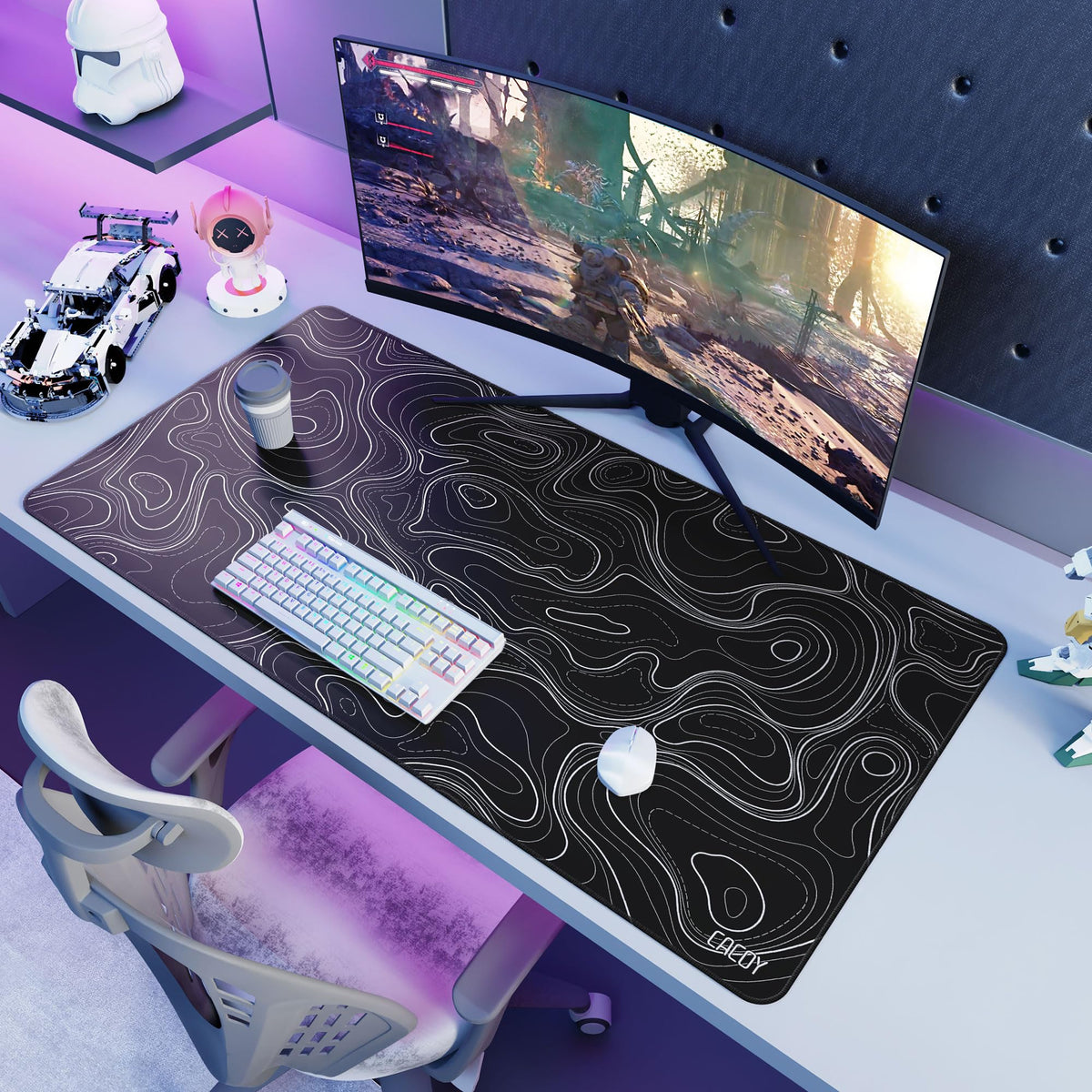 Cacoy 48" x 24" Black Topographic Gaming Mouse Pad, Non-Slip Large Desk Mat