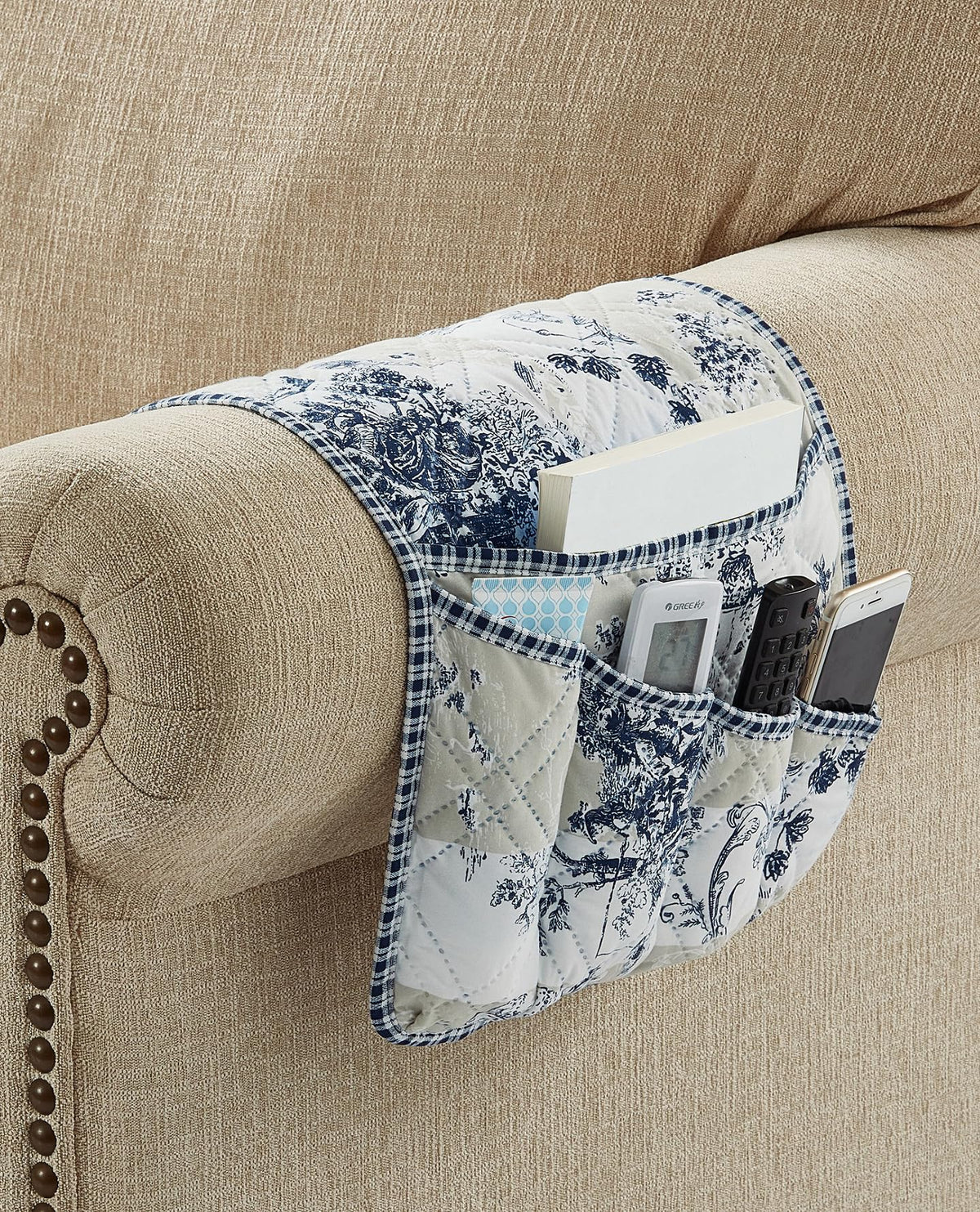 Brilliant Sunshine Blue & Beige Toile Couch Armrest Cover, 35"×13"