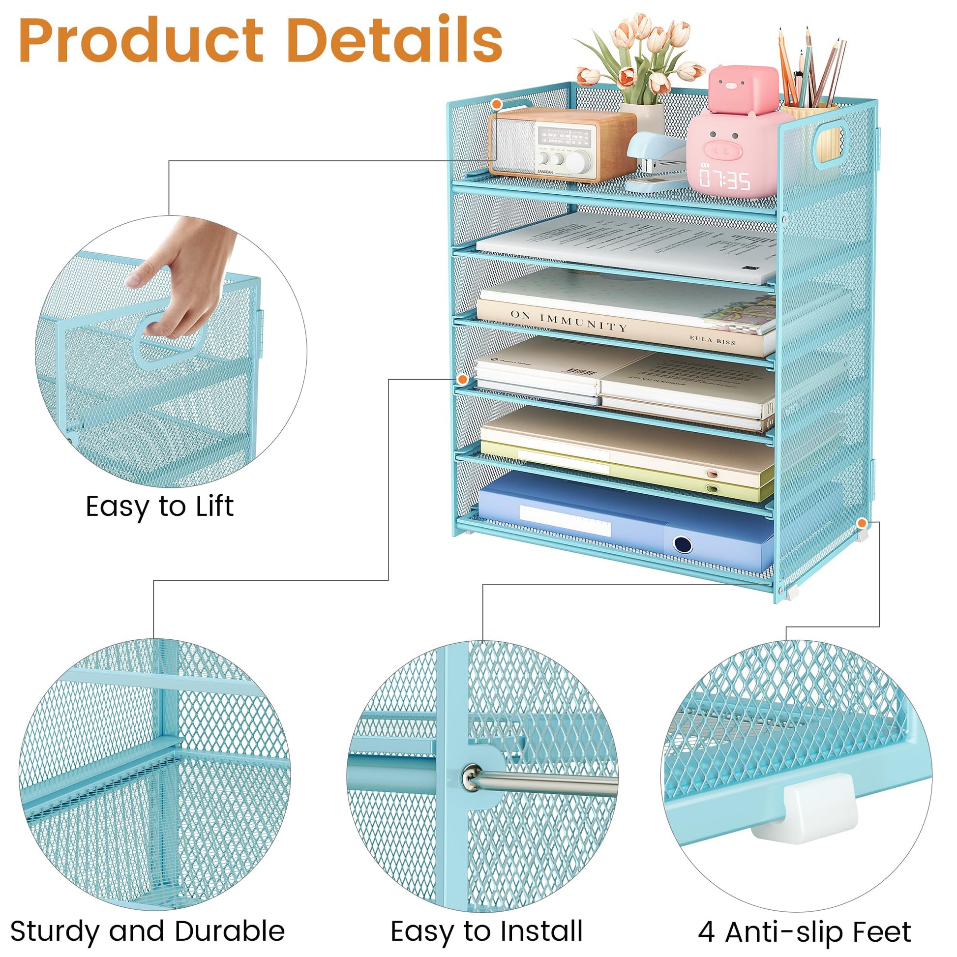 Subekyu 6-Tier Desk Paper Organizer, Desktop File Letter Tray with Handle, Document Sorter and