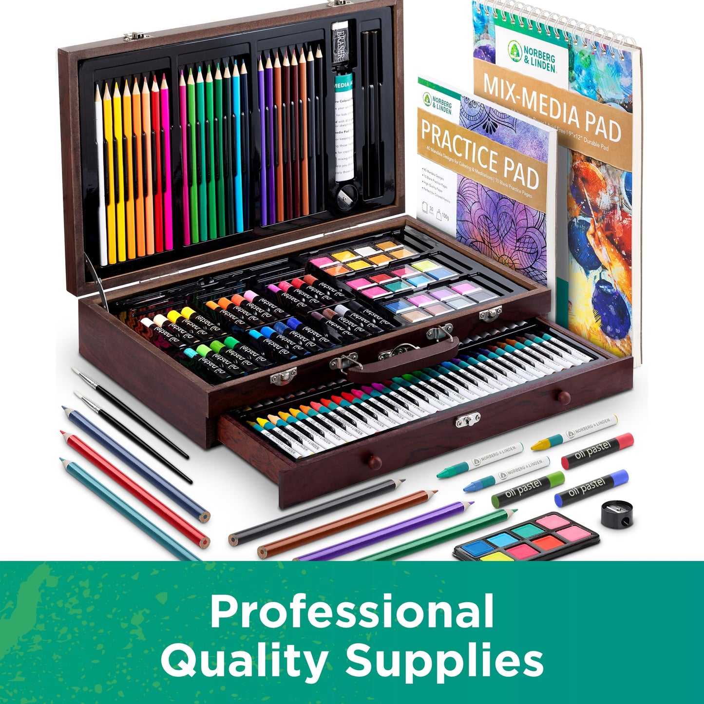 Norberg & Linden 144-Piece Art Set in Wooden Box with Drawer - Art Set for Adults, Teens, Kids