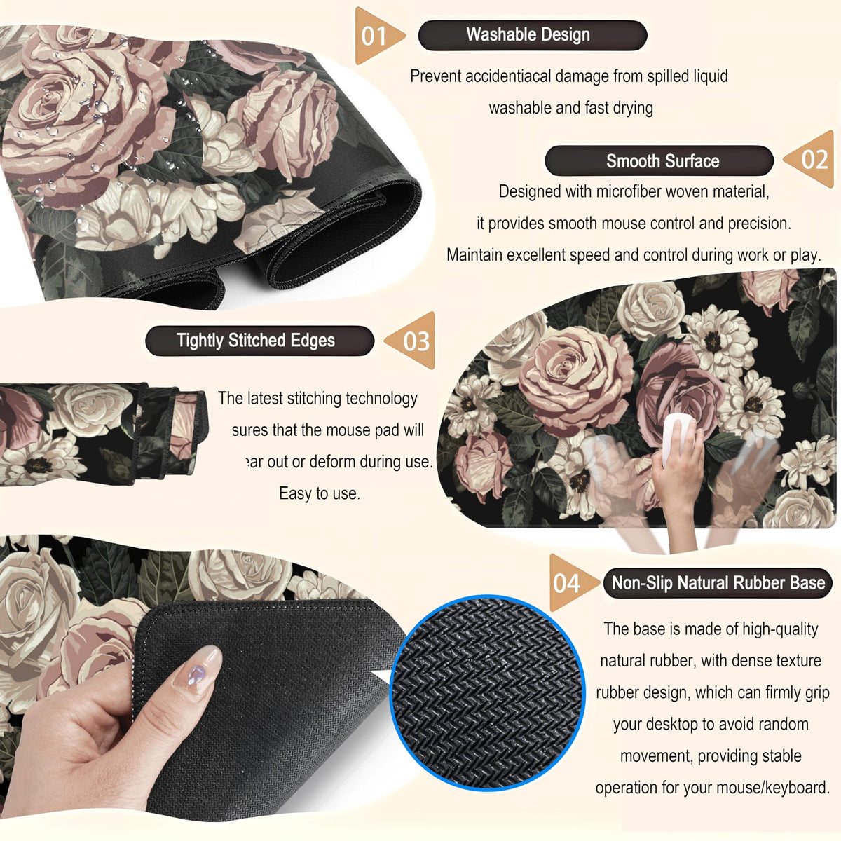 Retro Rose Floral Desk Mat Vintage Flower Plant Mouse Pad XXL Large Gaming Mousepad Cute Desk Pad