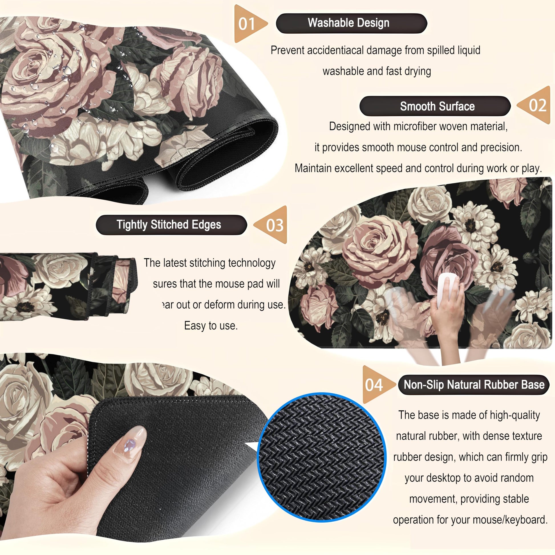 Retro Rose Floral Desk Mat Vintage Flower Plant Mouse Pad XXL Large Gaming Mousepad Cute Desk Pad
