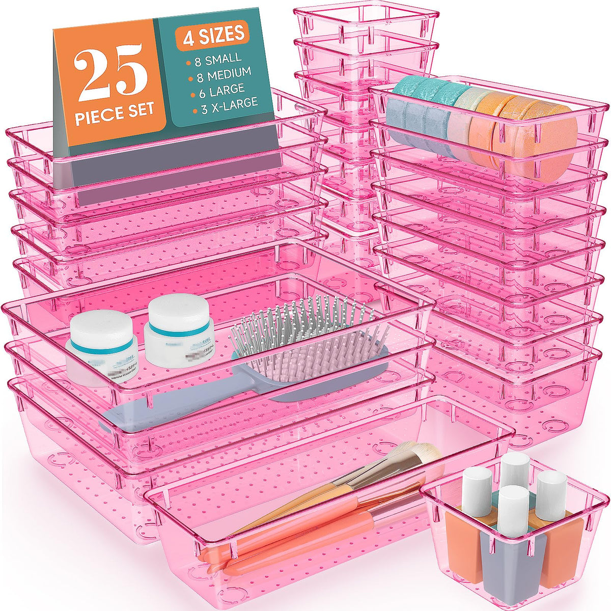 25 PCS Plastic Drawer Organizer Set, Makeup Organizers and Storage Bins